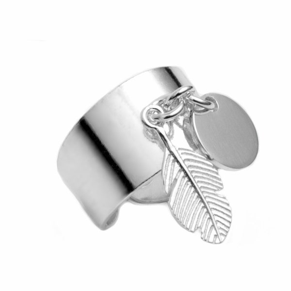 Bague médaille argent, bague pampille plume, bague femme argent,  médaille plume argent massif