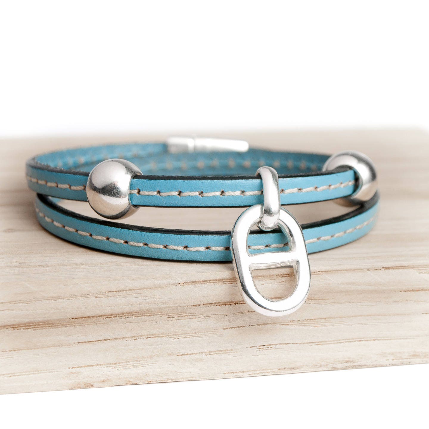 【LEMEME】Ciel Leather Bracelet_2colors Double Wrap Stitched Leather Bracelet With Small Sky Blue