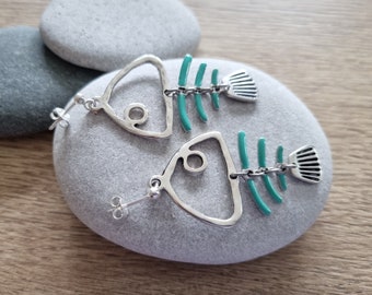 Boucles oreilles poisson argent émaillé vert d'eau