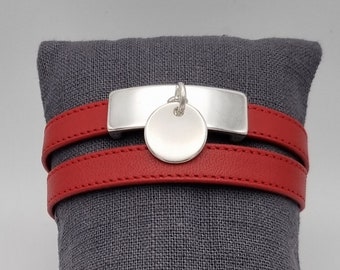 Double wrap leather bracelet with 15mm silver loop