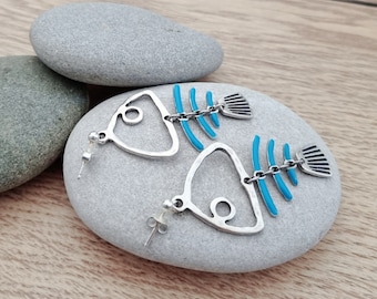 Turquoise enameled fish earrings in silver