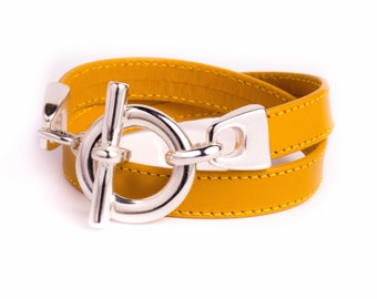 Bracelet double tour cuir jaune moutarde boucle Toggle