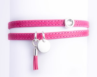 Bracelet cuir double tour rose pampille, pompon cuir et cristal