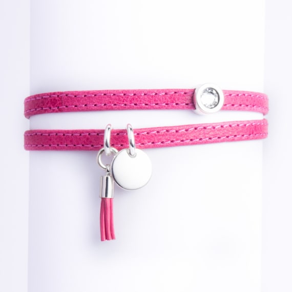 Double wrap pink leather bracelet with tassel, leather pompom and crystal