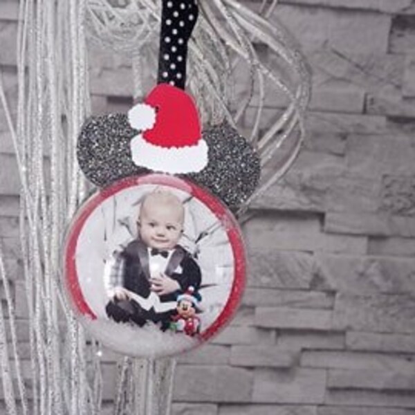 Boule de Noël personnalisé , avec photo de l'enfant , déco Mickey, minnie ou licorne