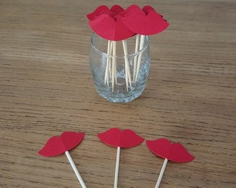 Pic apéritif, cupcake topper, pic décoratif pour gâteau / plat - Bouche rouge LOT DE 10  - décoration baptême, communion, anniversaire