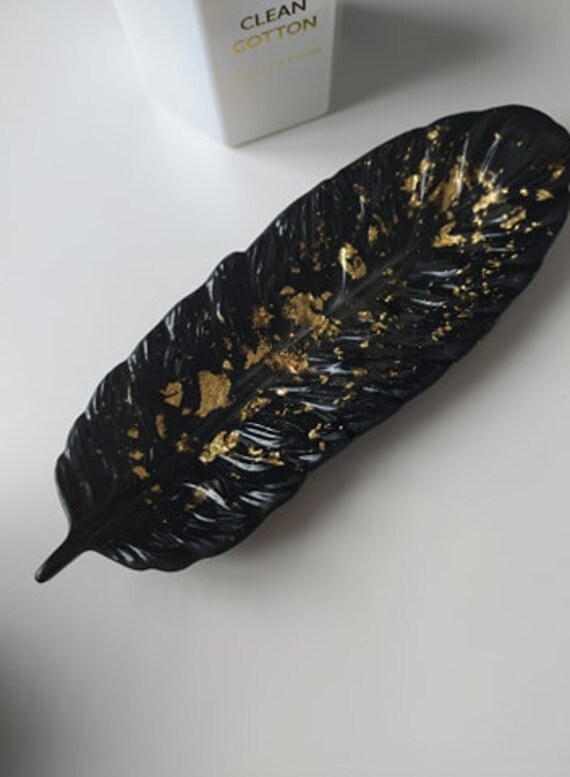 Vide Poche Plume Résine Couleur Vert et Feuille d'or