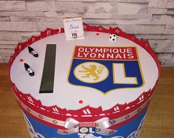 Urne thème football ( Olympique Lyonnais ) , blanc , bleu et rouge pour Baptême ou anniversaire