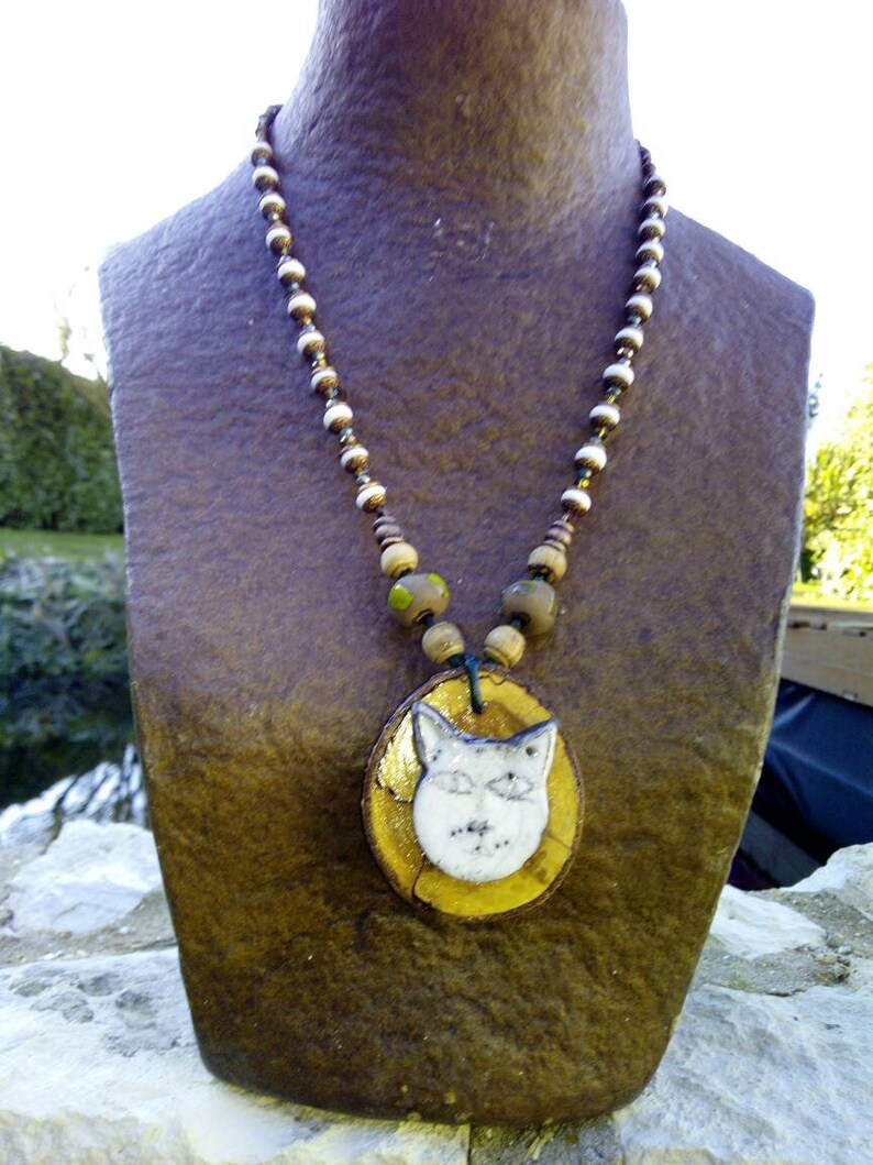 wooden pendant cabochon cat Raku The cat Lampwork Glass Bead
