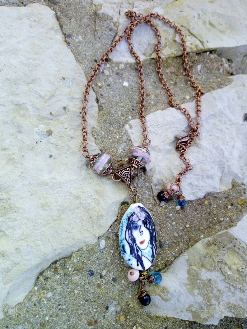 lobster clasp copper metal The Lady on glass bead spun torch pendant