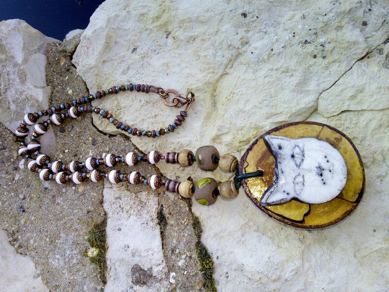 wooden pendant cabochon cat Raku The cat Lampwork Glass Bead