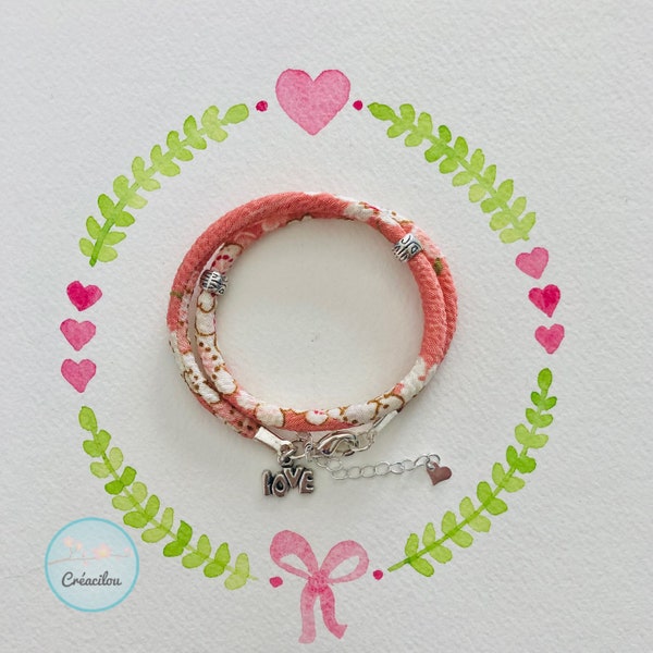 Bracelet double tour - CORDON JAPONAIS CHIRIMEN - Breloque Love - Tons rose saumon et beige