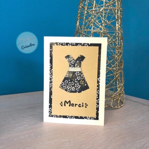 CARTE PETITE ROBE Japonaise en origami - Carte de remerciement - texte "Merci" - Papier Japonais Washi - Tons noir et doré