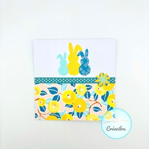 CARTE FLEURS et LAPINS - 3 lapins mignons - Papier Japonais - Motifs Camélias, fleurs et pointillés - Tons Jaune, bleu, rose et blanc