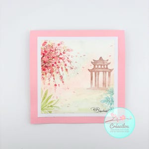 CARTE CARRÉE Temple Japonais et arbre en fleurs - Aquarelle originale - Sans texte - Esprit Japonisant - Tons rose, marron, vert et bleu