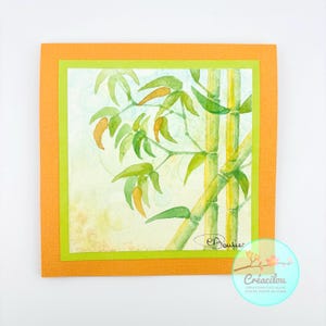 CARTE CARRÉE Bambous Japonais - Aquarelle originale - Sans texte - Esprit Japonisant - Tons Vert, jaune et orangé