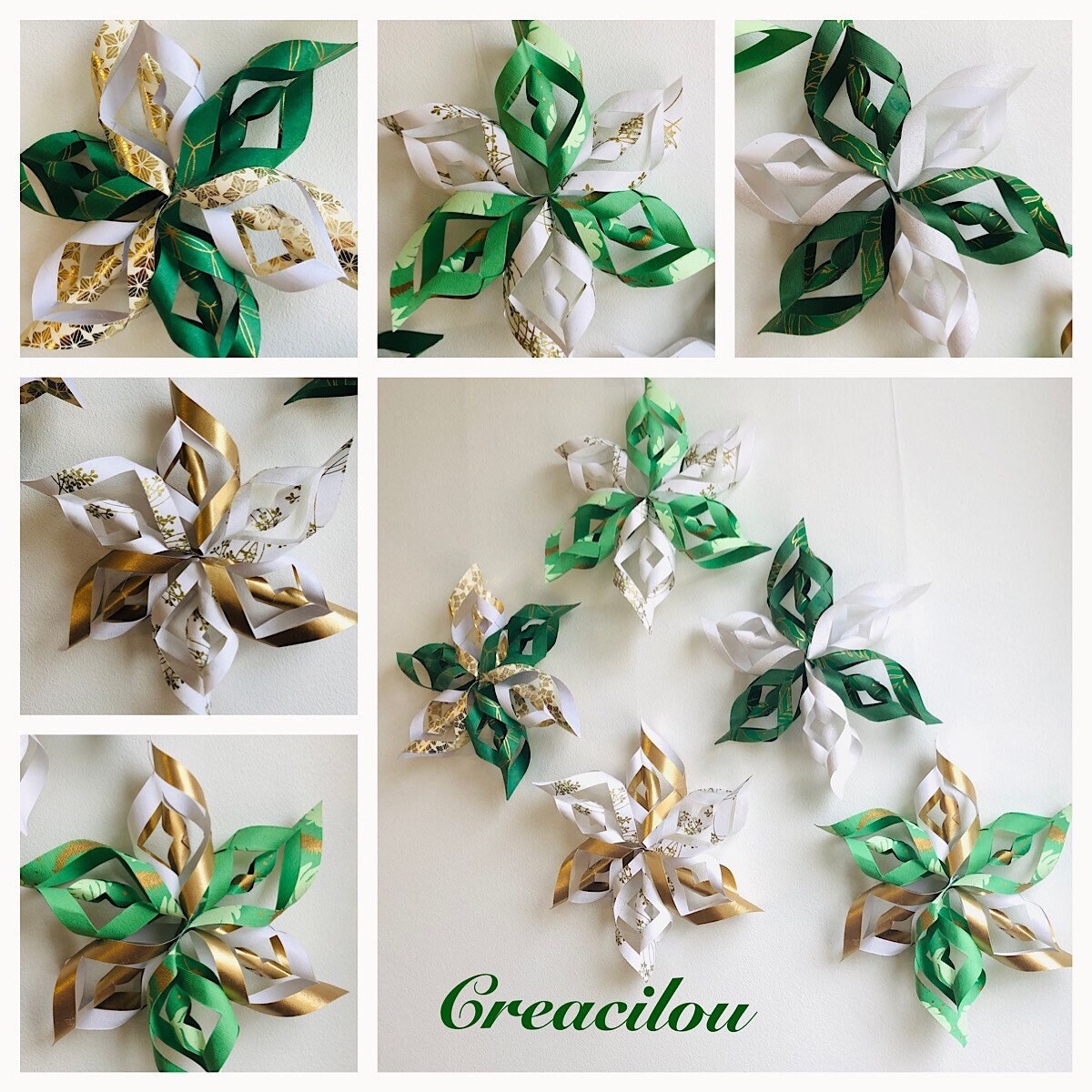 Lot de 6 Décorations Flocons de Noël à Suspendre Verts, Blancs et Dorés - 17 cm