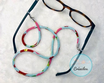 Clip para gafas / Cordón para gafas / Cadena para gafas - CHIRIMEN CORD japonés - Flores turquesas, rojas y rosas