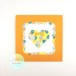 CARTE COEUR ORIGAMI - Spécial amour, mariage, fête des mères, fête des mamies - Fleurs de Camélia - Tons orange, jaune, vert