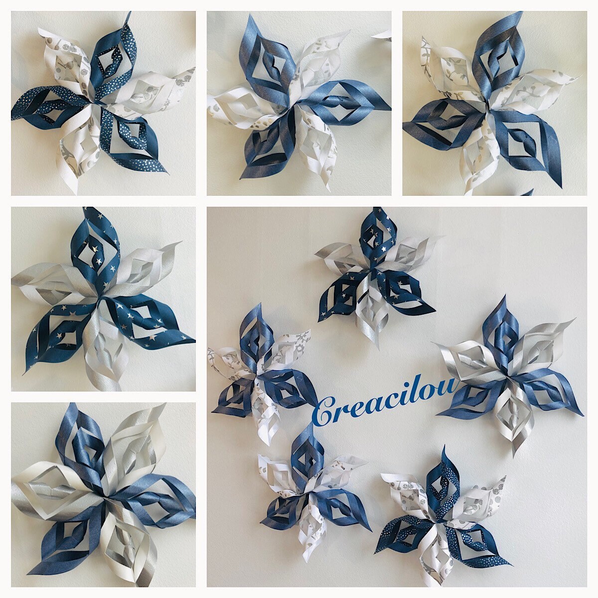 Lot de 6 Décorations Flocons de Noël à Suspendre Bleu Foncé, Blancs et Argentés - 17 cm