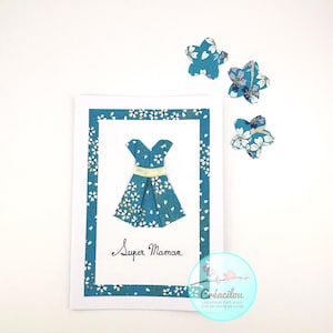 CARTE PETITE ROBE Japonaise en origami - Fête des Mères - Texte « Super Maman » - Papier Japonais washi - Tons Vert émeraude, blanc, doré