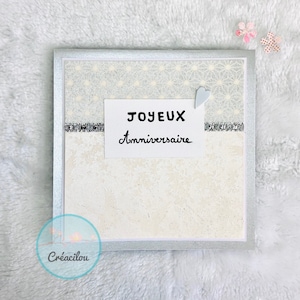 Carte JOYEUX ANNIVERSAIRE - Papier japonais washi - Grues et étoiles Asanoha japonaises - Tons gri, blanc, crème