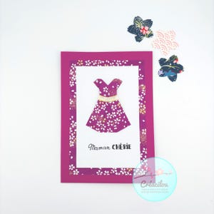CARTE PETITE ROBE Japonaise en origami - Fête des Mères - Texte « Maman Chérie » - Papier Japonais washi - Tons Rose magenta, blanc et doré