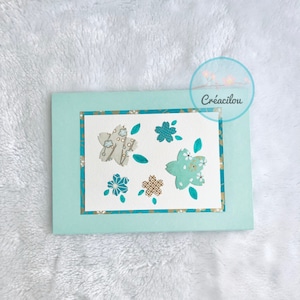 CARTE FLEURS Japonaises - sans texte - Papier Washi japonais - Tons vert d'eau, gris, turquoise, doré
