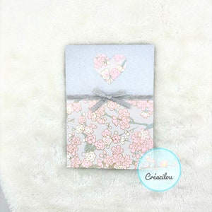 CARTE simple - Cœur en origami - Papier Japonais Washi et ruban - Motif Pruniers japonais - Tons argenté et rose