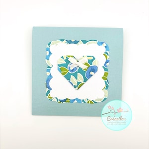 CARTE COEUR ORIGAMI - Spécial amour, mariage, fête des mères, fête des mamies - Fleurs de Camélia - Tons bleu et vert