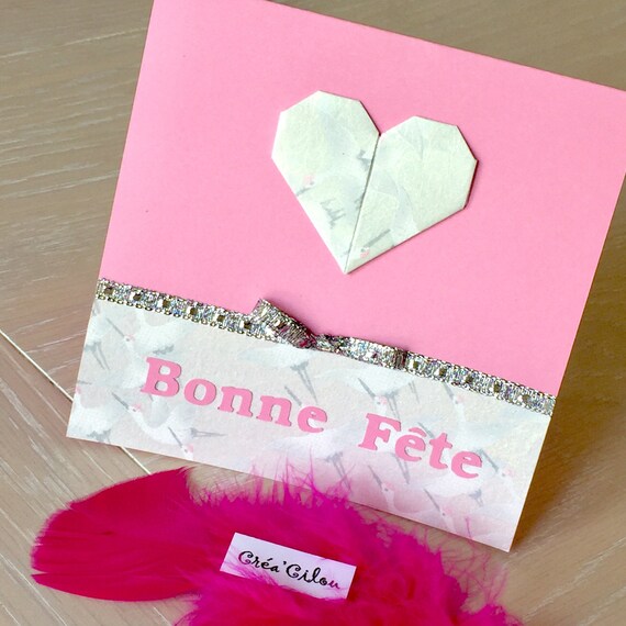 Carte Bonne Fete Avec Coeur En Origami Argente Blanc Rose Etsy