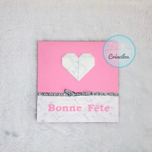 Carte BONNE FÊTE avec cœur en origami et nœud - Esprit Japon - Tons argenté, blanc, rose