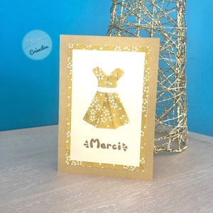 CARTE PETITE ROBE Japonaise en origami - Carte de remerciement - texte "Merci" - Papier Japonais Washi  - Tons doré et Jaune beige