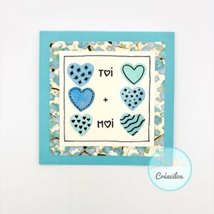 Carte COEURS en aquarelle - Texte "Toi + Moi" - Papier japonais washi fleurs de pruniers - Tons blanc, bleu, vert, turquoise, noir, doré