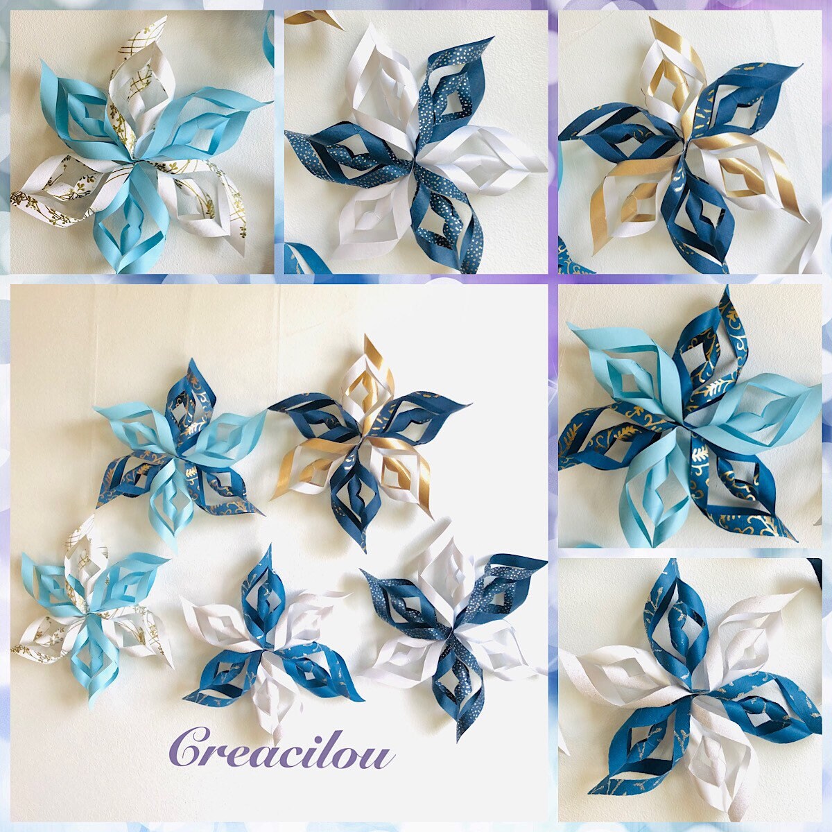 Lot de 6 Décorations Flocons de Noël à Suspendre Bleus, Blancs, Dorés et Argentés - 17 cm