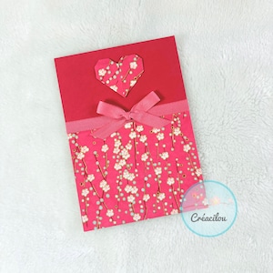 CARTE COEUR simple - Origami et nœud - Motifs petites branches fleuries et Pompons - Rose, rouge grenat, rouge carmin, bleu, beige et doré