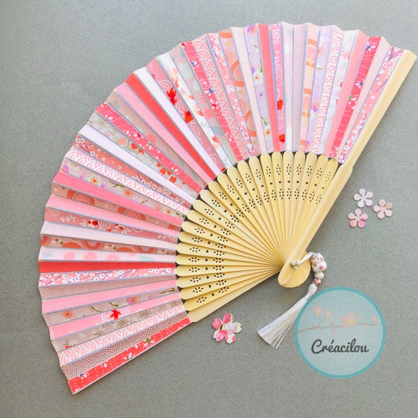 EVENTAIL décoratif - Rose et blanc - En papier japonais washi