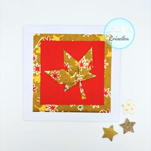 Carte FEUILLE d’ERABLE en origami - sans texte - papier japonais washi - rouge, jaune, bleu et beige