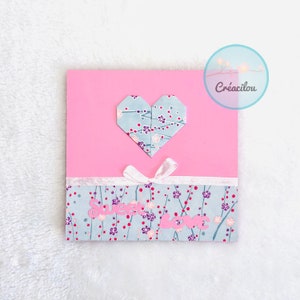 CARTE COEUR "Sweet Love" - St Valentin / Amour - Origami et ruban - Papier japonais Washi à petites fleurs - Tons rose et bleu