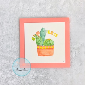 CARTE carrée CACTUS - Message positif avec Texte "SMILE" - peinte en aquarelle - Esprit mexicain - Tons vert, jaune, ocre