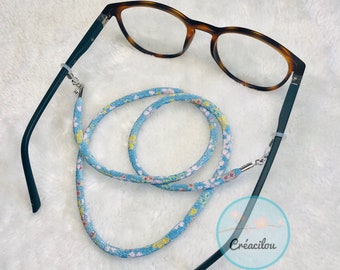 Accesorio para gafas / Cordón para gafas / Cadena para gafas en japonés CORD CHIRIMEN Azul claro con flores