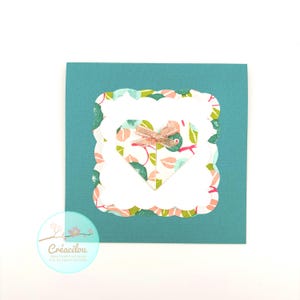CARTE COEUR ORIGAMI - Spécial amour, mariage, fête des mères, fête des mamies - Fleurs de Camélia - Tons vert émeraude, rose et vert d'eau