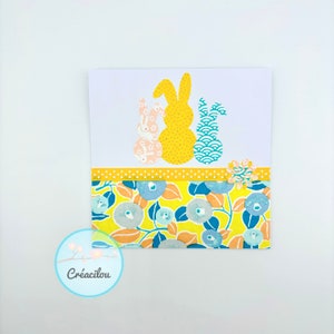 CARTE FLEURS et LAPINS - 3 lapins mignons - Papier Japonais - Camélias, lapins, géométriques - Tons Jaune, vert, orange, rose et blanc
