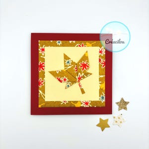 Carte FEUILLE d’ERABLE en origami - sans texte - papier japonais washi - rouge, jaune, bleu et beige