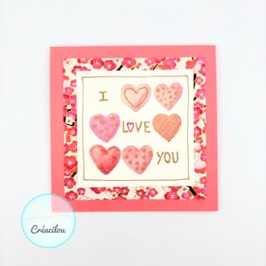 Carte COEURS en aquarelle - Texte "I Love You" - Papier japonais washi fleurs de pruniers - Tons blanc, rose et doré