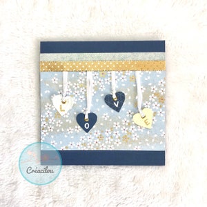 Carte LOVE et COEURS - Thèmes Amour / Mariage / St Valentin / Romantisme - Papier japonais washi et rubans - Tons bleus, blancs et dorés