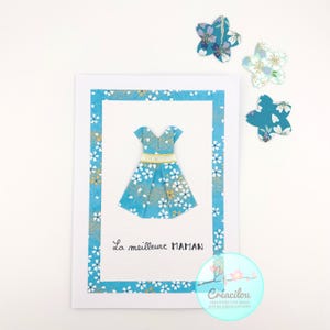 CARTE PETITE ROBE Japonaise en origami - Fête des Mères - Texte « La Meilleure Maman » - Papier japonais washi - Tons turquoise, blanc, doré
