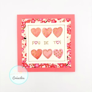 Carte COEURS en aquarelle - Texte "Fou de toi" - Papier japonais washi fleurs de pruniers - Tons blanc, rose et doré