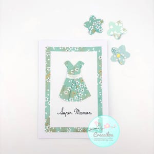 CARTE PETITE ROBE Japonaise en origami - Fête des Mères - Texte « Super Maman » - Papier Japonais washi - Tons Vert d'eau, blanc, doré