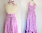 EARLY Laura Ashley Backless Vintage Dress Collectable Laura Ashley Made in Wales Pink Prarie Dress 1970s Halter Maxi Dress 70s